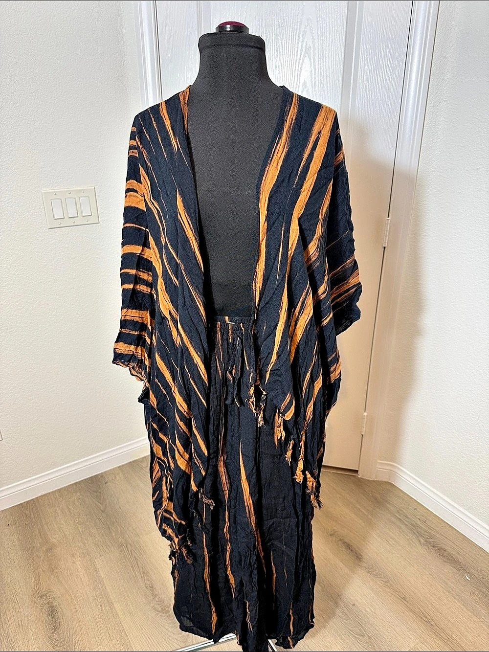 Black & Orange Fringe Kimono with Matching Pants Size M/L